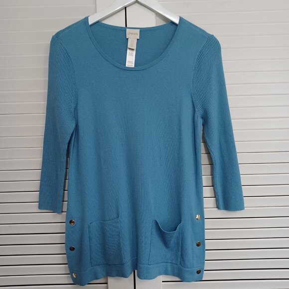 Chicos Sweater Vast Skies Pocket Detail Blue Pullover Womens Small NEW - Picture 2 of 8